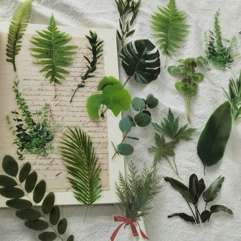 40pcs Fern Leaves Large Size Transparent PET Vintage Stickers Scrapbook DIY Plants Sticker Craft Junk Journaling Scrapbooking