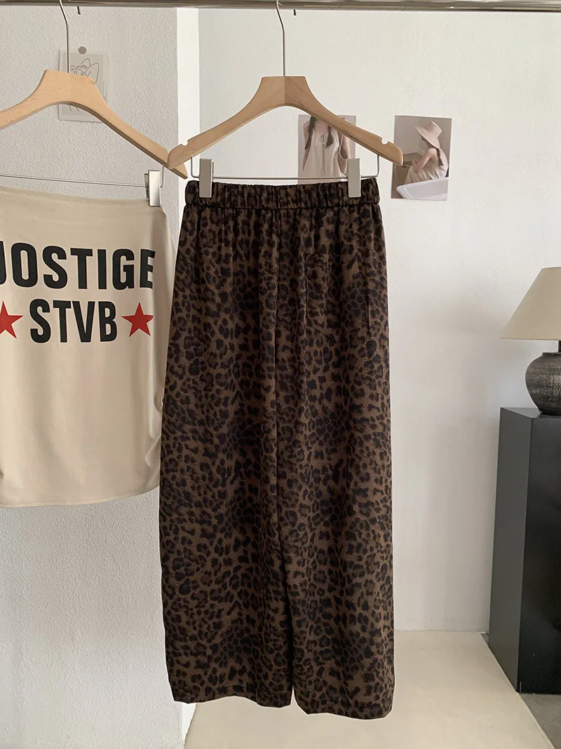 Summer Women's Leopard Print Cropped Pants Korean Casual Fashion Retro Loose Street Style Drawstring Thin Ankle-Length Trousers