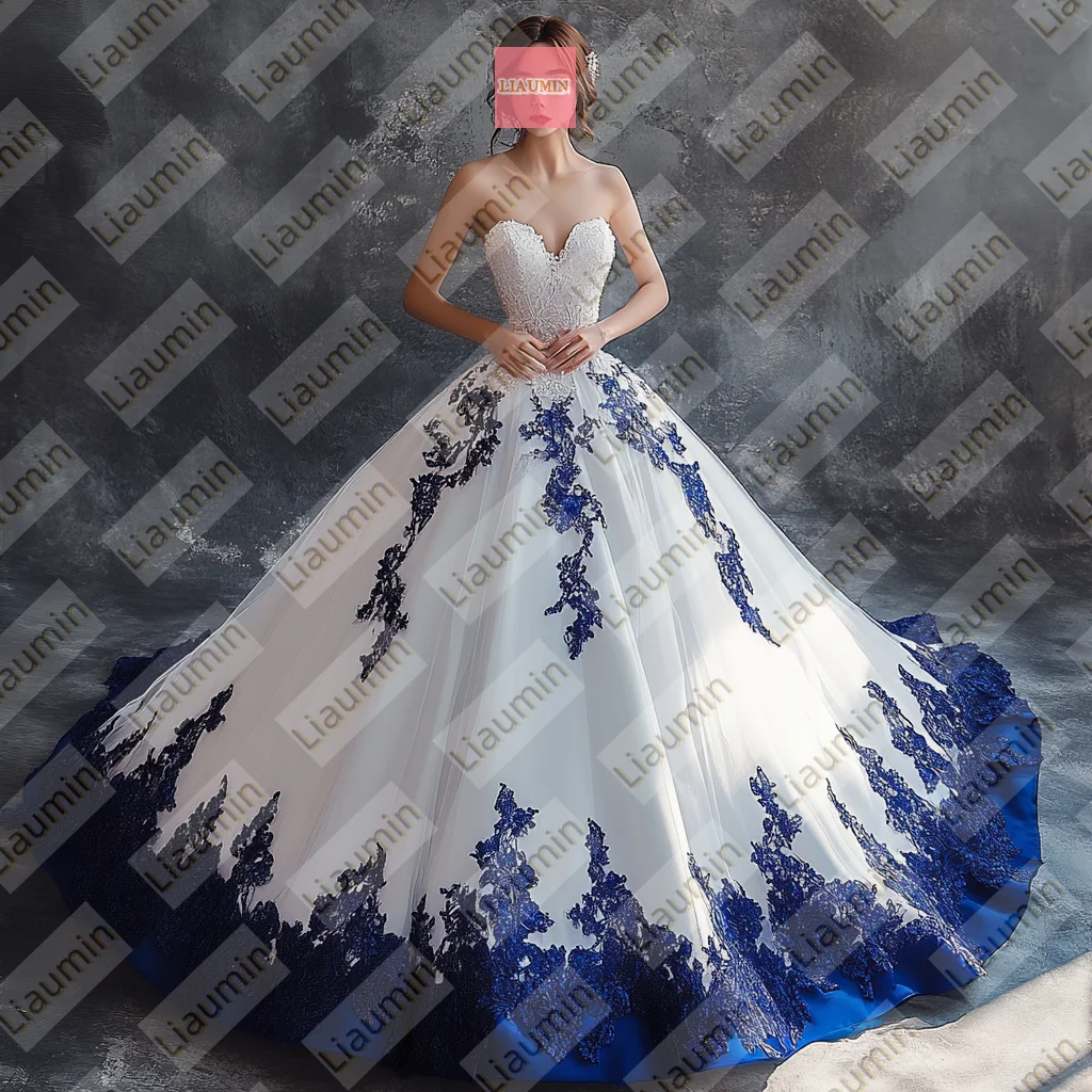 Apliques de encaje azul de tul blanco, tren de barrido sin tirantes, vestidos formales de boda para graduación, vestidos de baile nupciales hasta el suelo, W19-2 personalizado