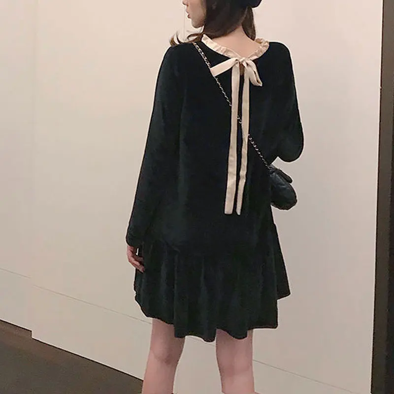 2025 Autumn Winter Vintage Velvet Dresses French Style Spliced Women\'s Clothing Fashion Drawstring Basic A-Line Loose Midi Dress