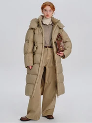 Winter Hooded White Goose Down Puffer Jacket Trendy Over The Knee Thickened Goose Down Coat Women Warm Zipper Loose Down Jackets