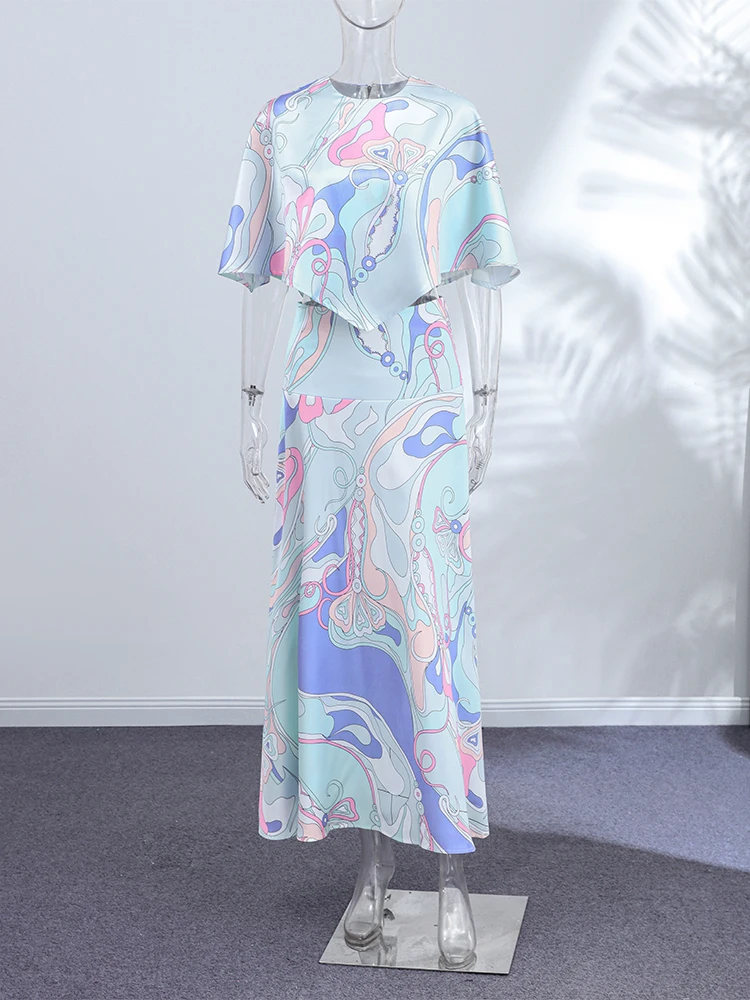 Bedruckter Cape-Langrock-Anzug für Damen, elegante Oberteile mit O-Ausschnitt und unregelmäßigem Saum, A-Linien-Röcke mit hoher Taille, schicke Partykleidung für Damen, neue Strandkleidung – Detail 2