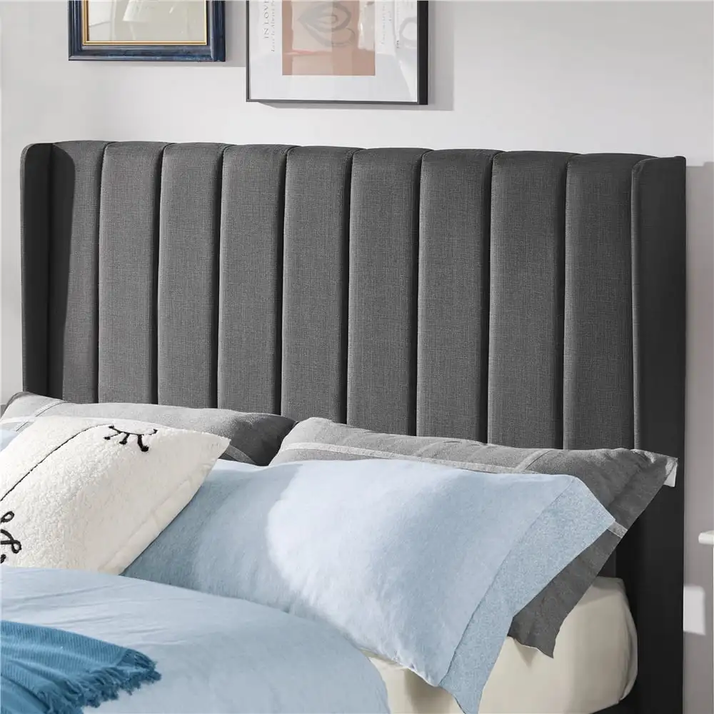 Wingback Bed with Wooden Support Slats with Tufted Headboard, Dark Gray, Full