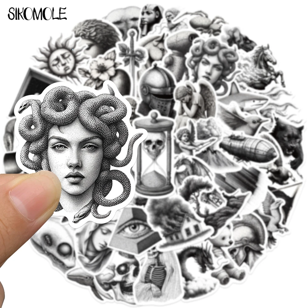 10/30/50PCS Retro Sketch Black And White PVC Stickers Aesthetic Art DIY Decoration Toy Kids Travel Luggage Graffiti Sticker Pack