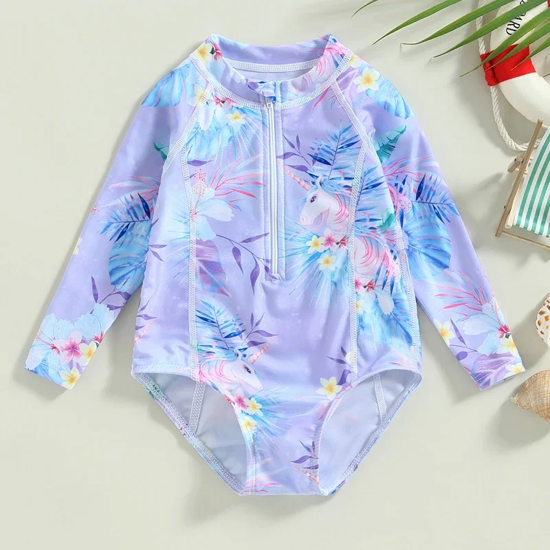 Tregren Baby Swimsuit Summer KidsBaby Girls Swimwear Coconut Tree Flower Print Long Sleeve Ruffle Bathing Suit Children Swimwear