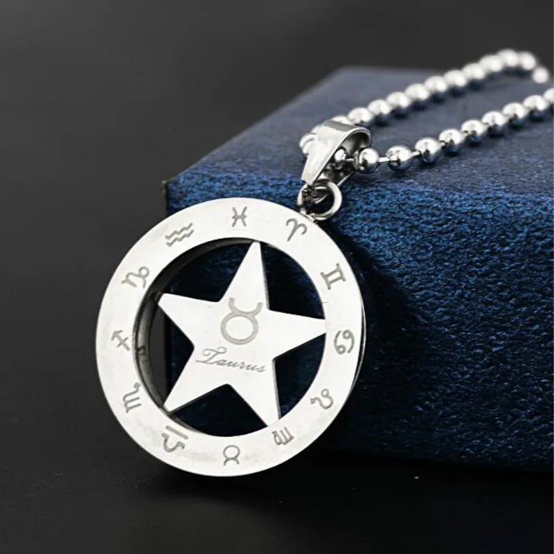 Vintage Stainless Steel 25mm Round Circle Star 12 Zodiac Taurus Pendant Necklace Jewelry With Bead Chains