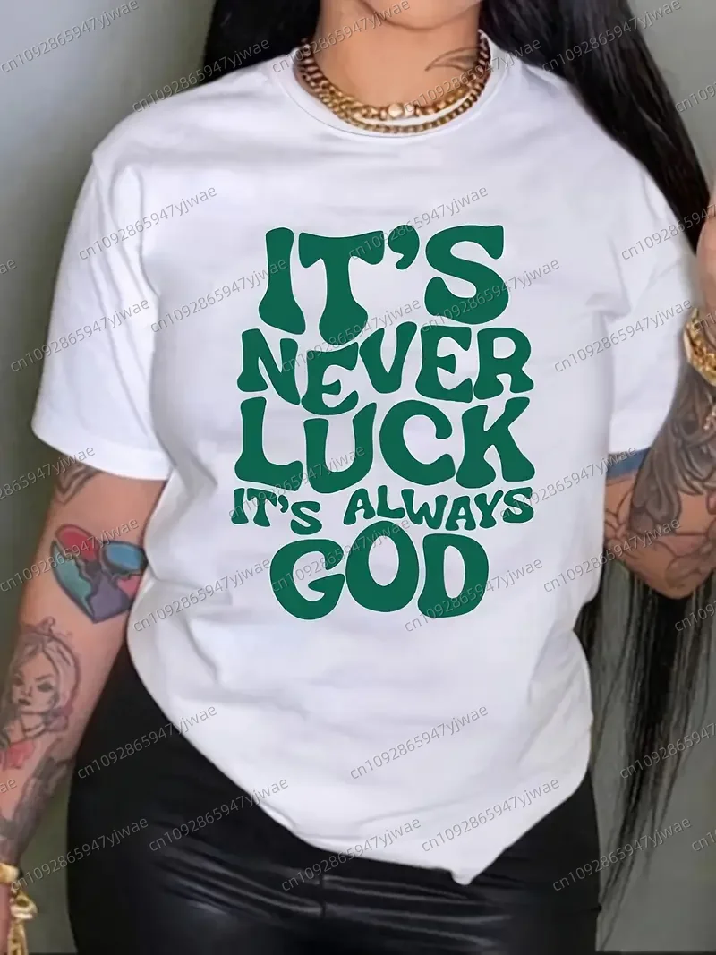 

Women'S Casual Green T-Shirt with "It'S Never Luck, It'S Always God" Print Short Sleeve Round Neck Casual T-shirt Tops
