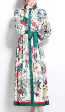 Elegant Long Sleeves Vintage Stand Collar Chic Single Breasted Print Bandage Slim Long Dress High Street Autumn Winter Clothing