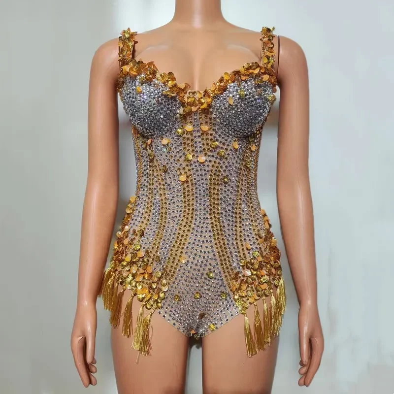 Sparkly Gold Full Rhinestones Sequins Sling Bodysuit Bar Nightclub Party Disco Sleeveless Leotard DJ Singer Sexy Stage Costume