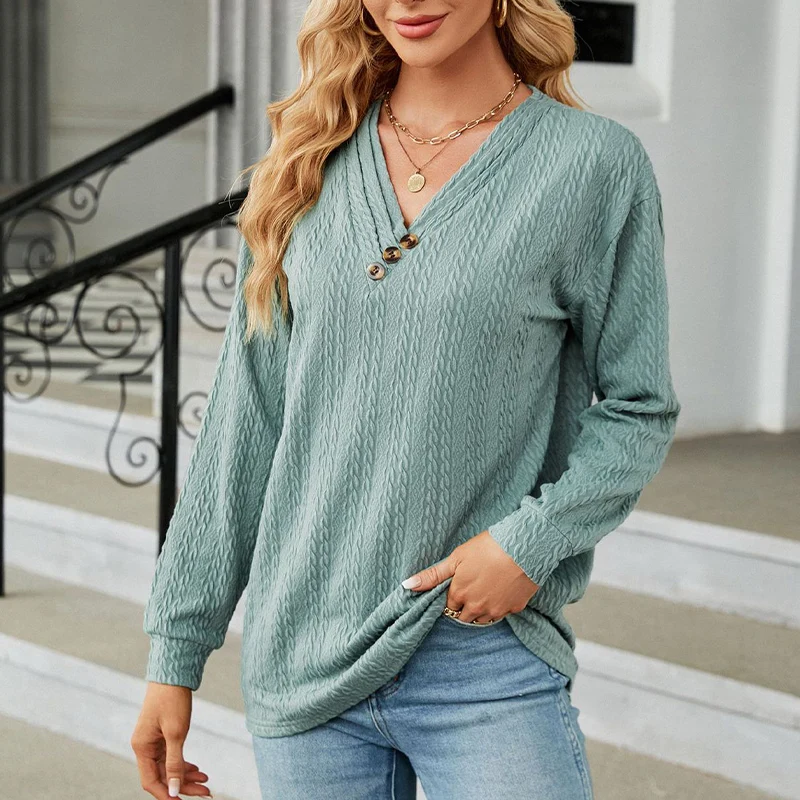 Autumn Elegant Fashion New Chic Minimalist Pullovers Basic Solid Color V Neck Button Slim Long Sleeve All Match Knitted Sweaters