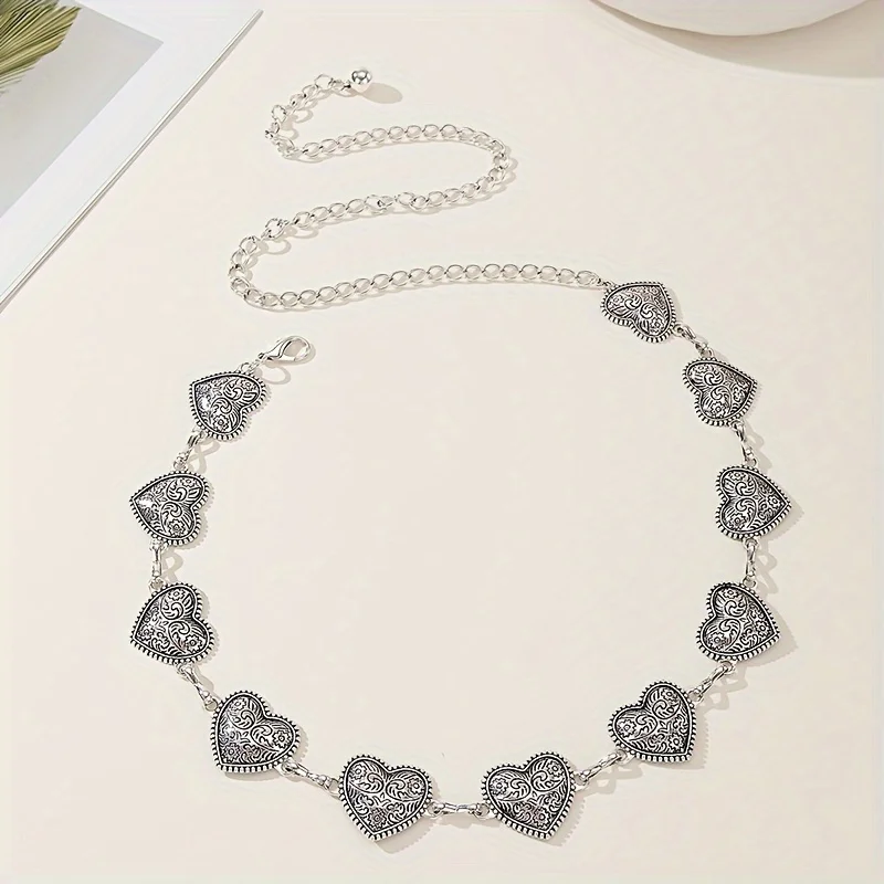 سلسلة خصر معدنية قابلة للتعديل Y2K كلاسيكية، زخرفة حزام على شكل قلب عتيق منحوت لعيد الحب، إكسسوارات عصرية على طراز البوهيمي الشرير.