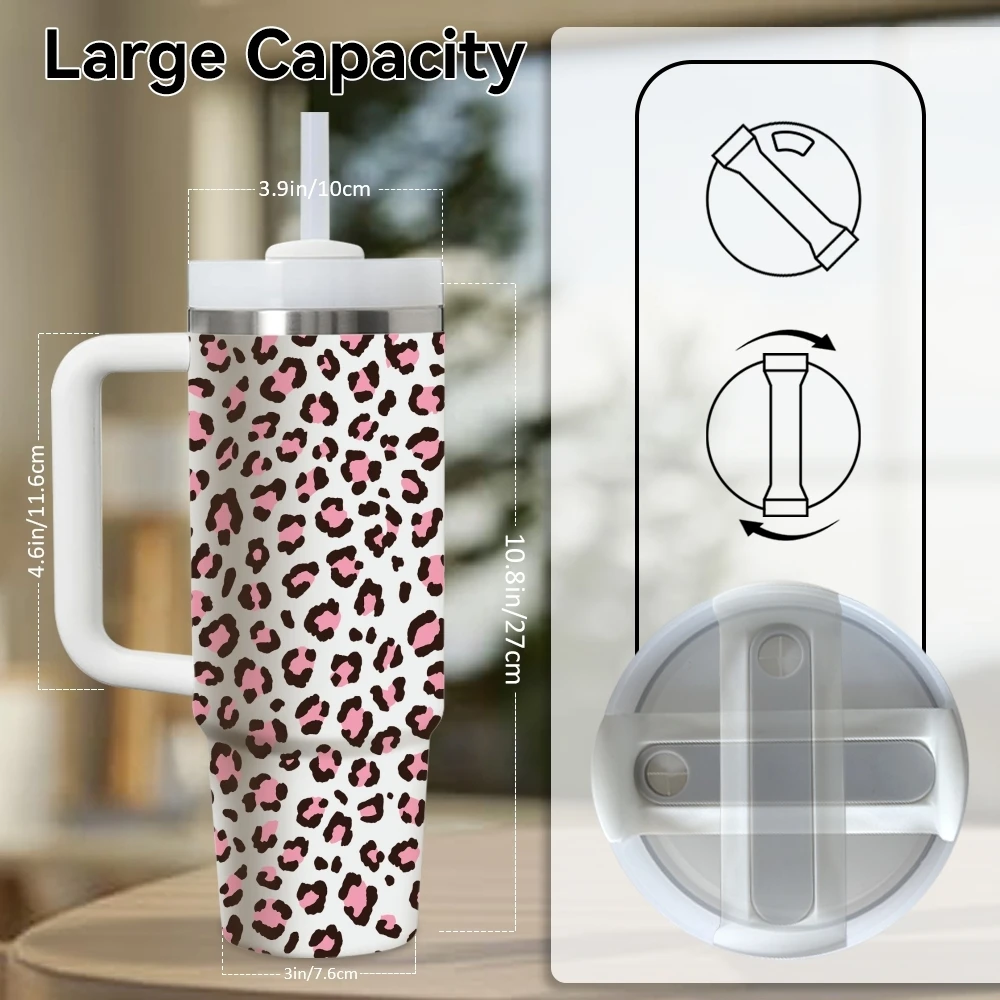 PINK Leopard Print Vacuum Flasks 40oz Stainless Steel Insulated Tumbler With Handle & Straw Leakproof Travel Mug