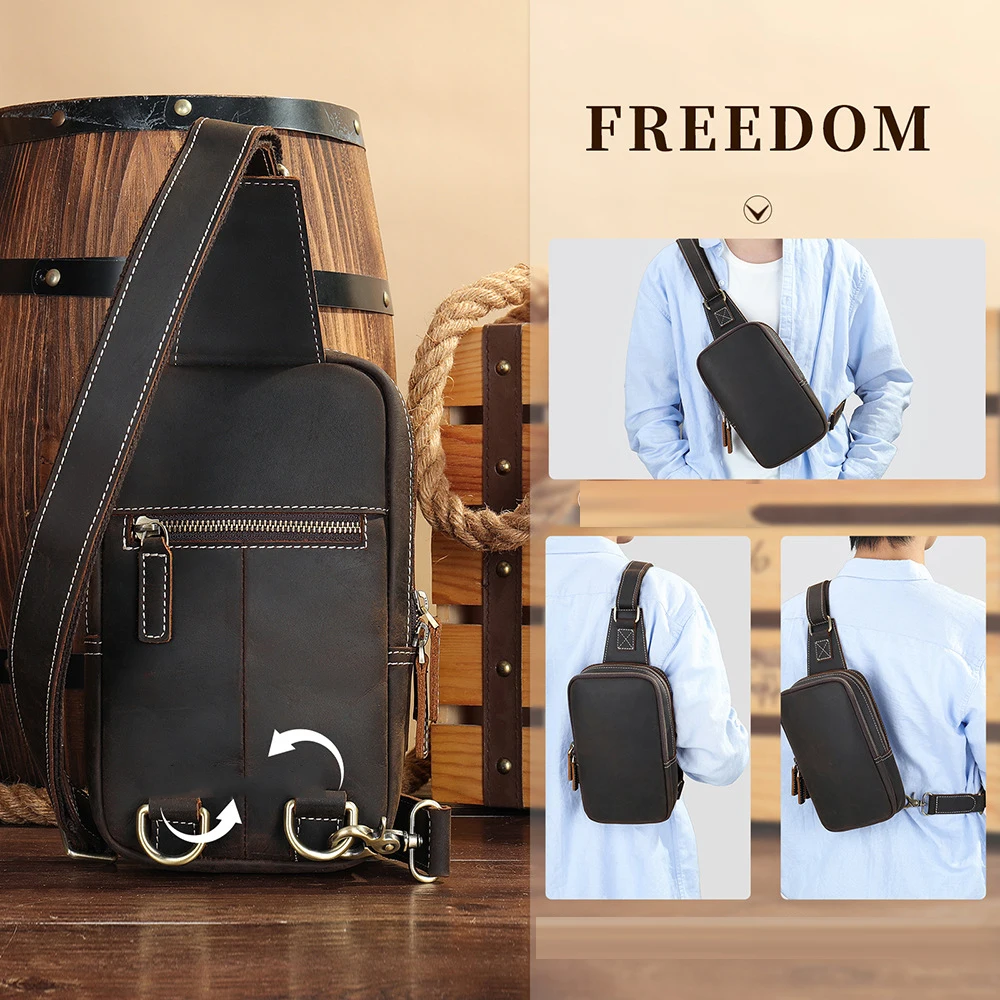 Bolso de pecho de cuero grueso para hombre, bandolera de cuero de vaca Real, bandolera pequeña de un solo hombro