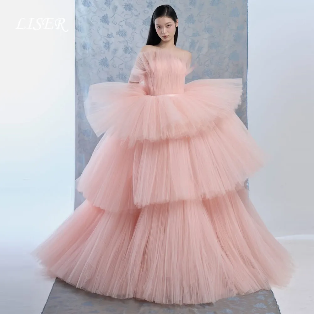 Liser Rosa Trägerloses A-Linien-Abendkleid mit Stufenrock aus Korea, Tüll-Seide, für Fotoshootings, maßgeschneidert, elegante lange Ballkleider, Abendkleid