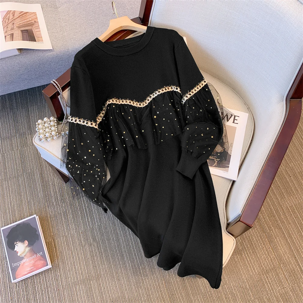 Y2K Black Knitted Dress Women Korean Fashion Casual O Neck Sweater Dress Female Autumn Winter Vintage Sweet Long Sleeve Dresses