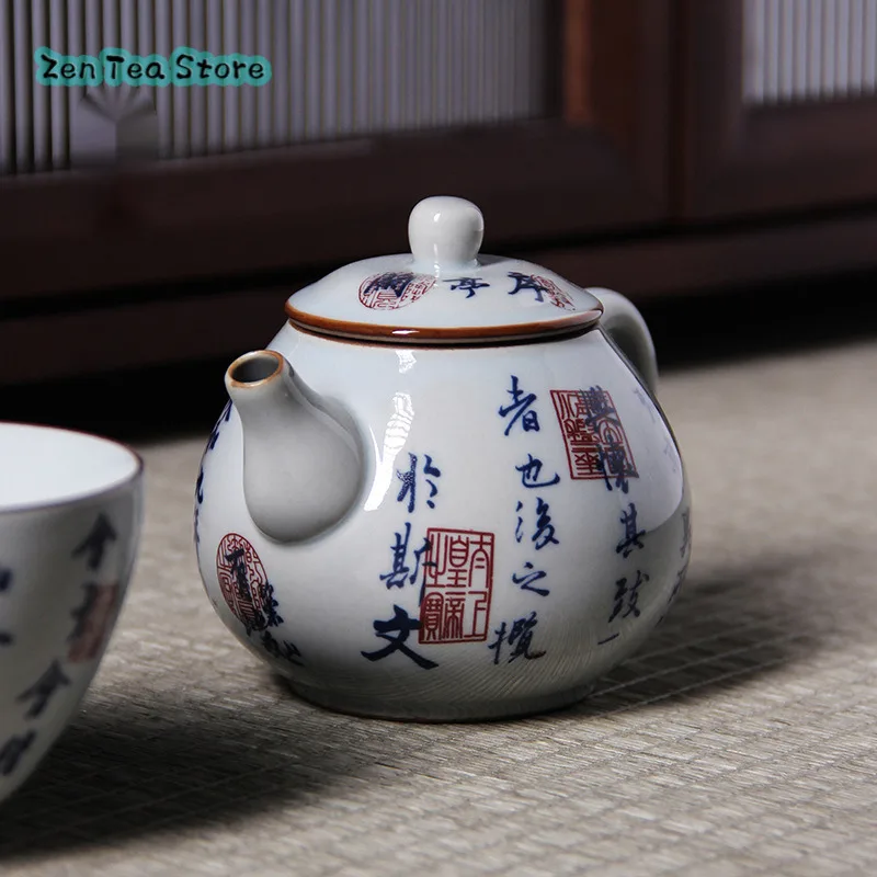 Lanting Sequence Teapot Imitation Ancient Blue And White Old Pottery Mud Glaze Poetry Teapot Ceramic Single Pot Household Teapot