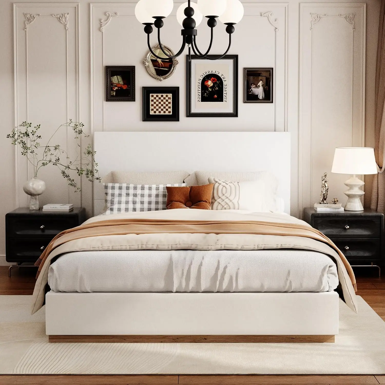 Full Bed Frame with Headboard, Velvet Upholstered Floor Platform Bed with Enclosed Wood Base, Metal Structure &, Customized