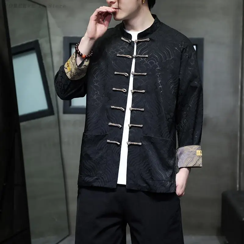 Large Size 5XL Men Tang Suit Uniform Jacket Chinese Traditional Clothing Spring Autumn Long Sleeve Blouse Retro Button Up Shirt