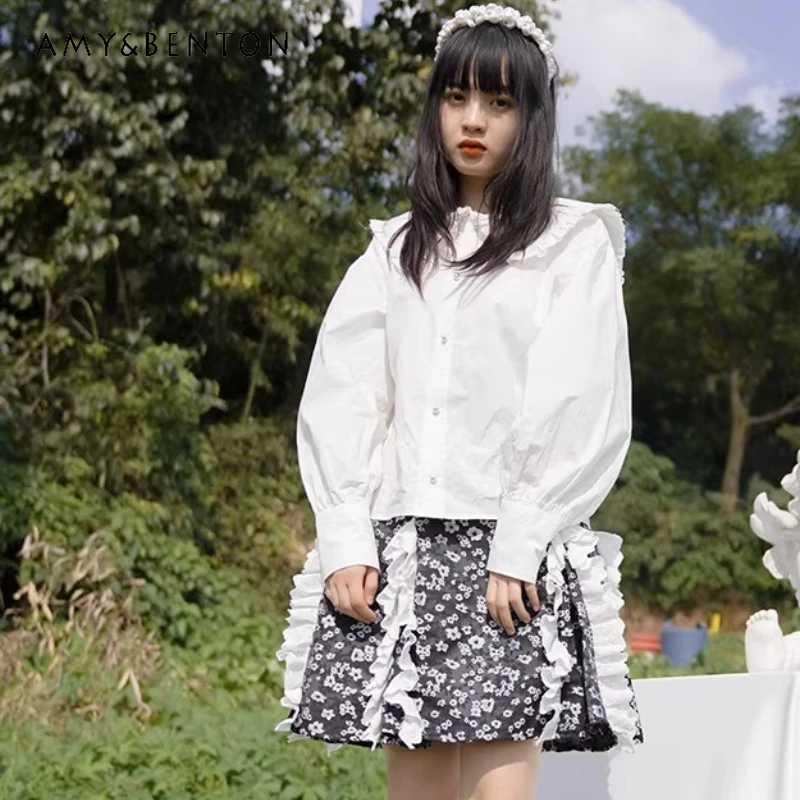 

Оригинальный дизайн, женская одежда, весна 2026, новинка: фиолетово-белые блузки с рукавами-фонариками, милые и стильные, в стиле Y2K, с кружевным воротником-стойкой, для женщин