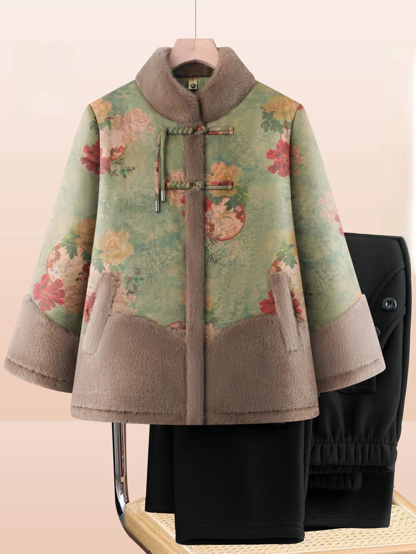 

Thiened Floral Cotton Jaet Stand Collar Warm Outerwear for ly Women Chinese Sle Mommy Clothes andmother Suit