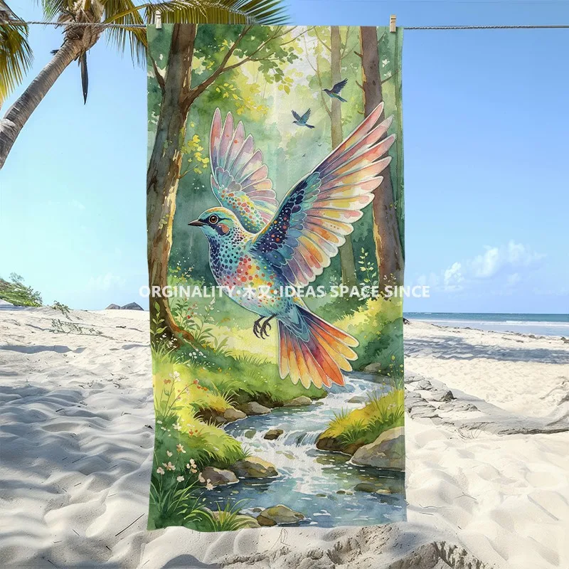Watercolor Forest Bird Beach Towel Patterned Sunscreen And Windproof Suitable For Swimming Pool Camping Travel