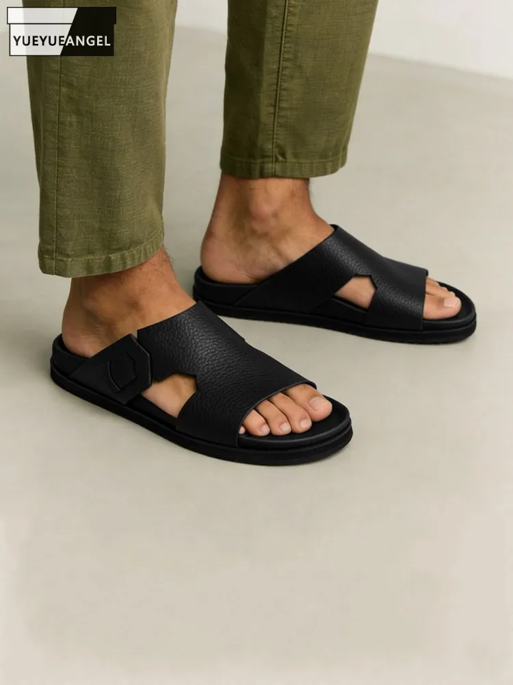 Summer Fashion Male Comfortable Genuine Leather Slippers Light Weight Flats Casual Beach Shoes Antiskid Platform Slides Footwear