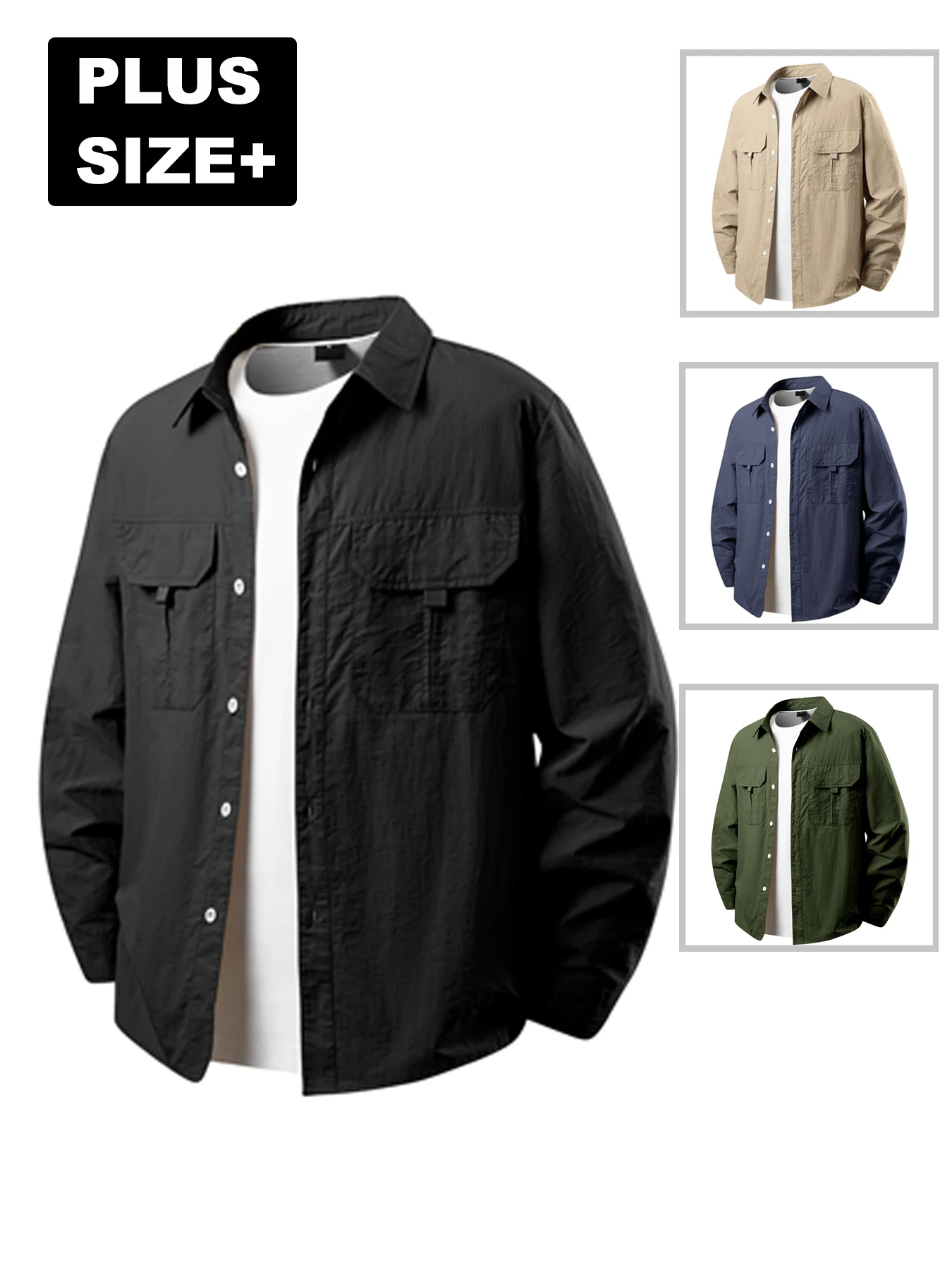 Autumn and Winter Plus-Size Men's Versatile Shirts with Slightly Wrinkled Fabric, Multi-Color Work Shirts with Double Chest Pockets Design, Work Jacket Shirts