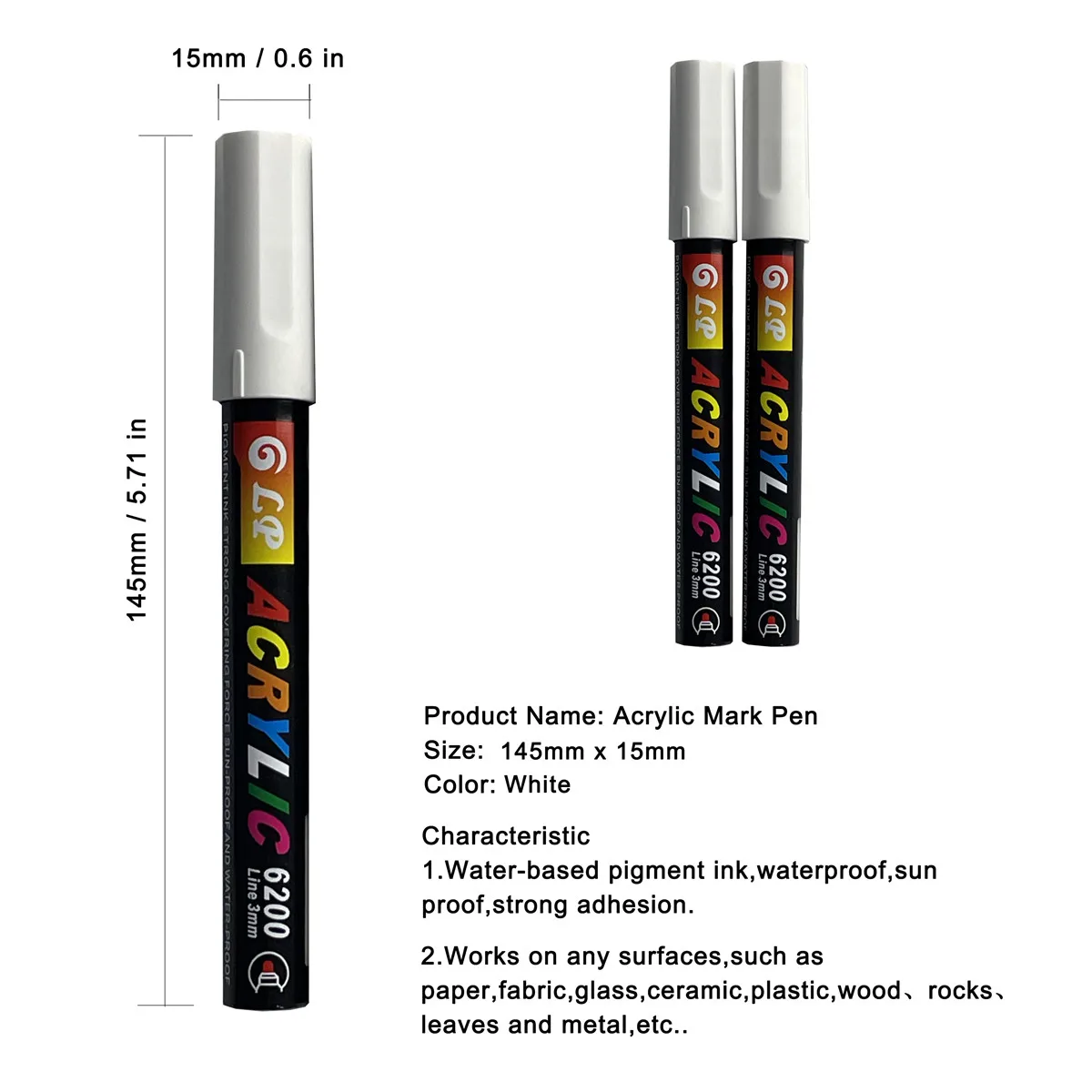 2pcs White Acrylic Graffiti Pens for Fabric, Canvas, Rock, Glass, Wood, Medium Tip, Ideal Art Supplies for Adults and Kids