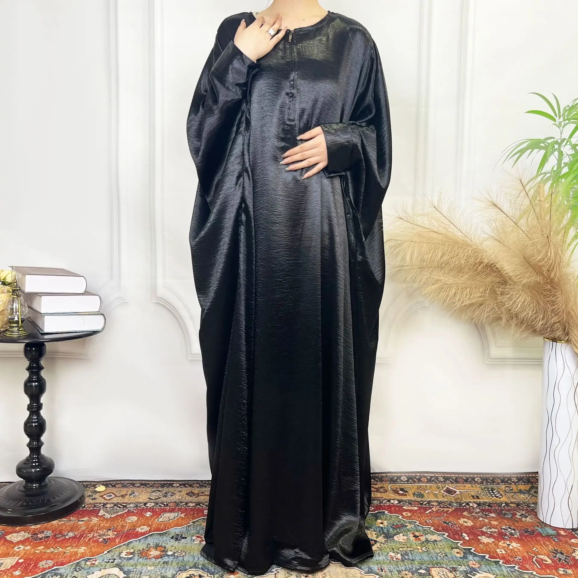 

Ramadan Black Zipper Front Abayas for Women Muslim Dubai Loose Prayer Dress Islam Jalabiya Djellaba Marocain Kaftan Turkish Robe