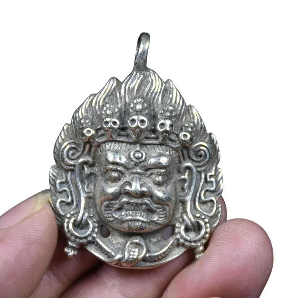 5CM Rare Old China Miao Silver Mahakala Wrathful Deity Buddha Amulet Pendant