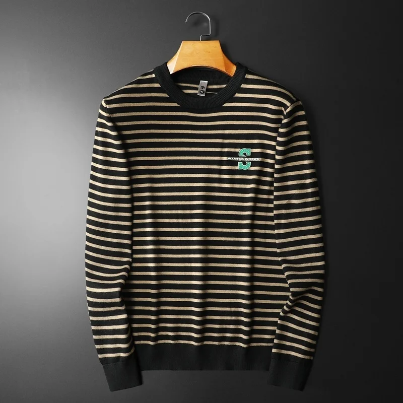 Stripe Contrast Color Sweater Fall Men Long Sleeve Slim Printing Pullover Sweater Social Dress Shirt Streetwear Men Clothing