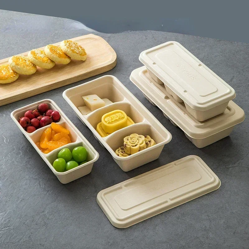 Disposable Three Grid Pulp Lunch Box Rectangular Eco-friendly Takeout Boxs with Lid Fruit Lunch Dessert Packaging Cover Box