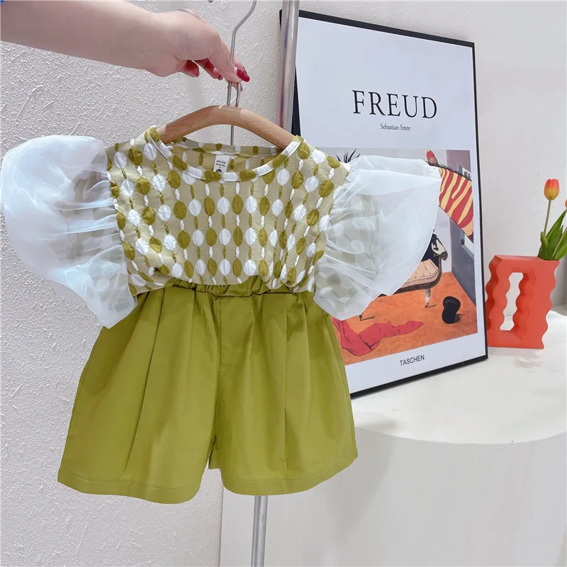Girls Clothing Set  New Summer Puff Sleeve Top & Shorts 2pcs Child Set Outfits Kids Clothing School Girl Outfit 2 3 4 5 6 7Y