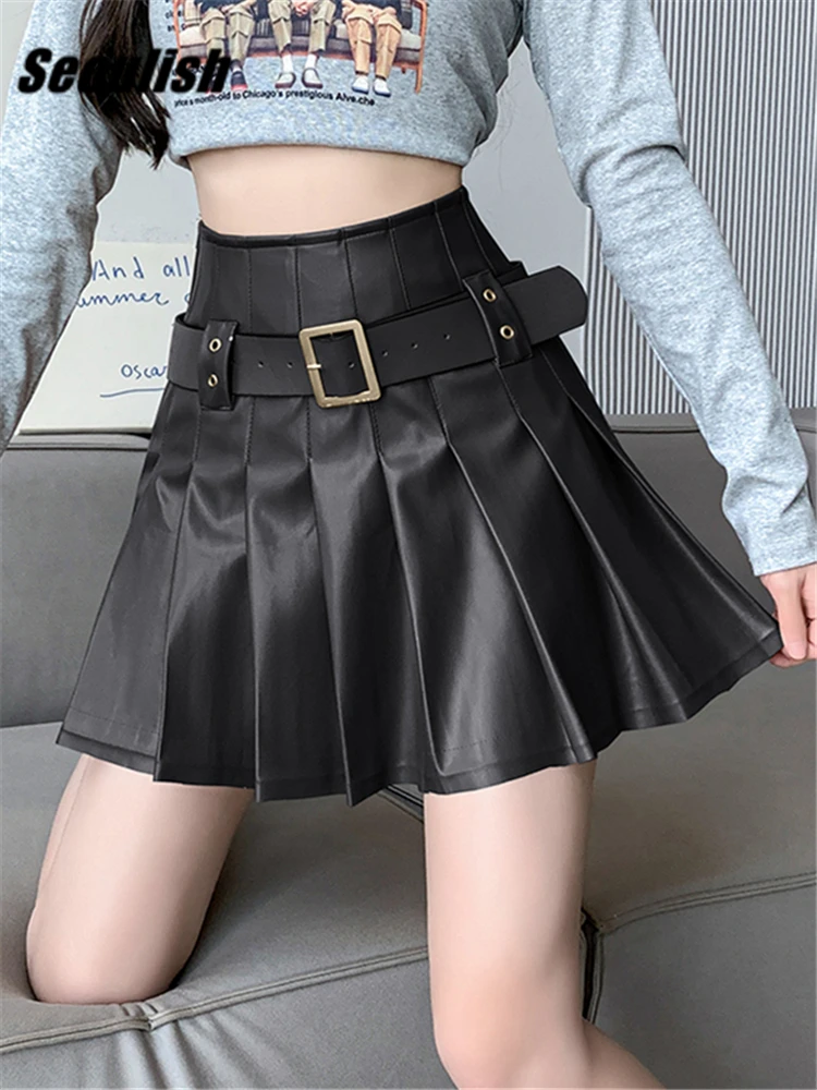 

Seoulish Autumn Winter PU Leather Women's Mini Wrap Skirts High Wasit 2023 New Female Solid Color Basic Ladies Pleated Skirts