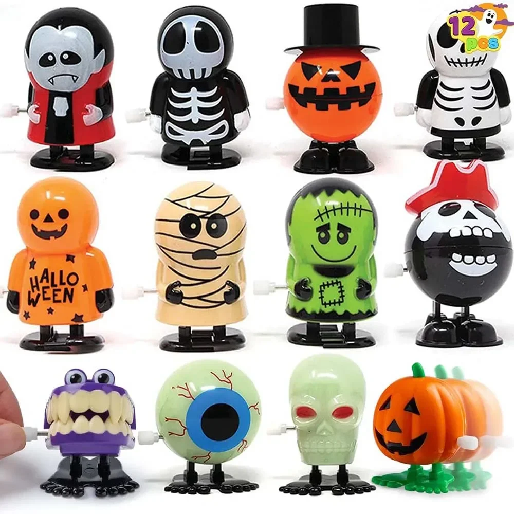 12 PCS Halloween Wind Up Car Toy Fun Halloween Pumpkin Ghost Skeleton Zombie Walking Jump Toys For Party Decor Children Gift