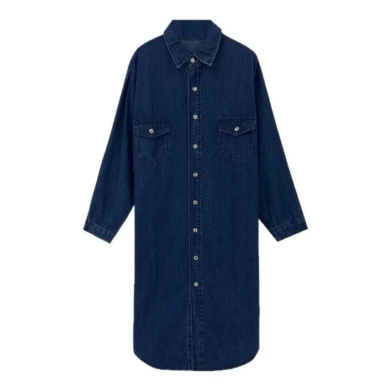 2025 nuevo vestido de mezclilla para mujer, camisa de manga larga, falda larga de otoño, falda larga por encima de la rodilla holgada e informal con temperamento adelgazante