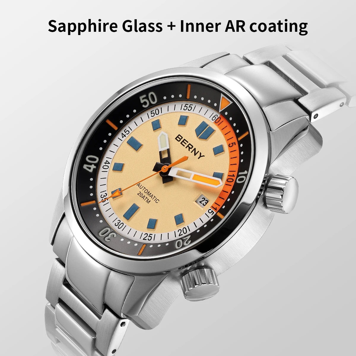 BERNY Automatische Taucheruhren für Herren, 20 ATM, superleuchtende mechanische Herren-Taucheruhr, Saphirglas, komplett aus Edelstahl – Detail 2