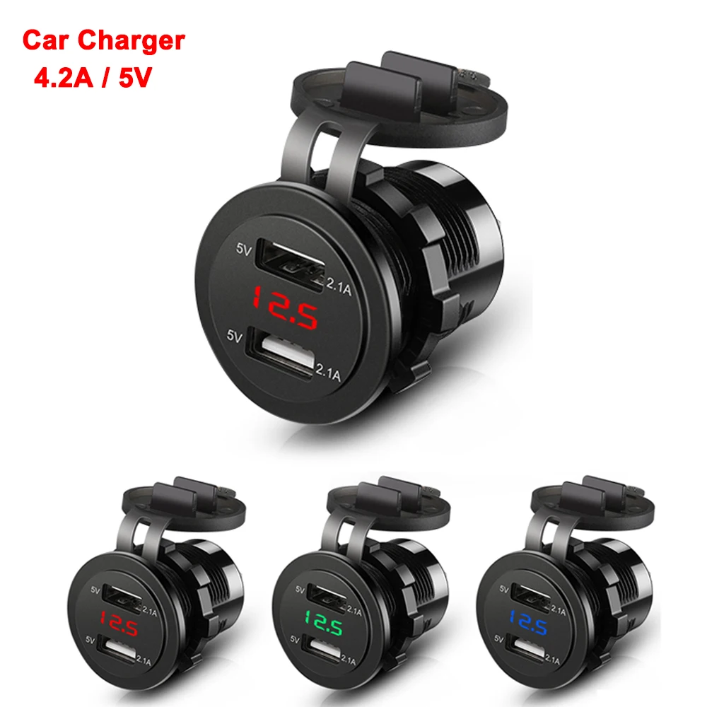 4.2A/5V Dual USB Car Charger Socket Waterproof Fast Charge Adapter Power Outlet With Voltmeter For Car Marine Motorcycle