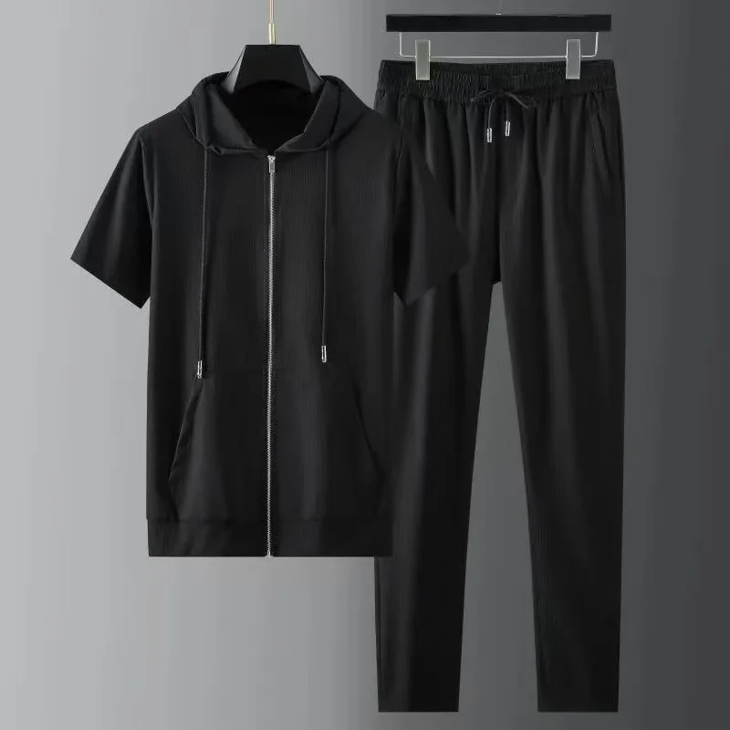 

(Shirt+pants) Short sleeved fashionable hooded T-shirt set, men's thin casual cardigan shirt, pants sports set,autumn and summer