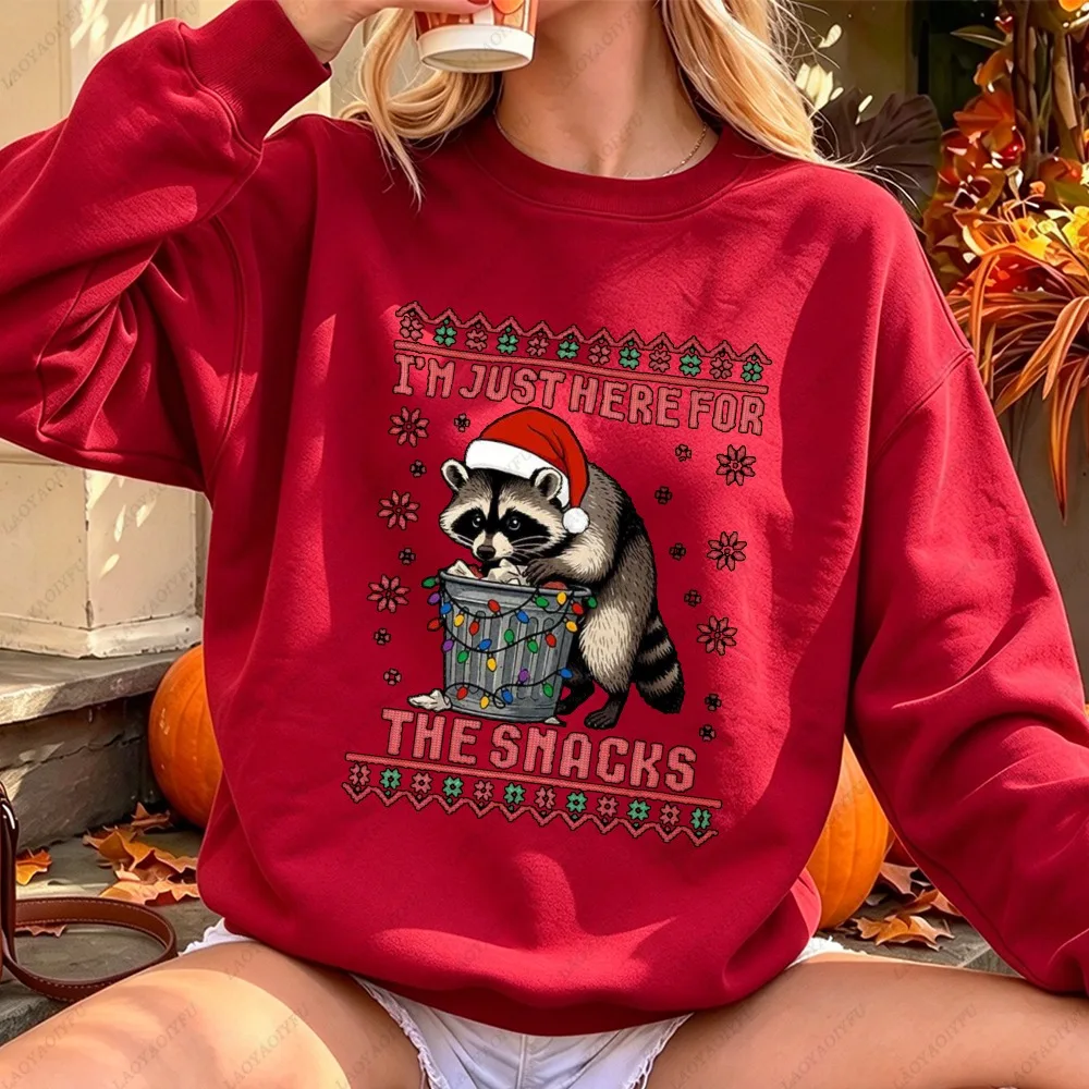 Im Just Here for The Snacks Sweatshirt Unisex Funny Christmas Raccoon Trash Can Graphic Pullover Xmas Holiday Clothes Hoodies