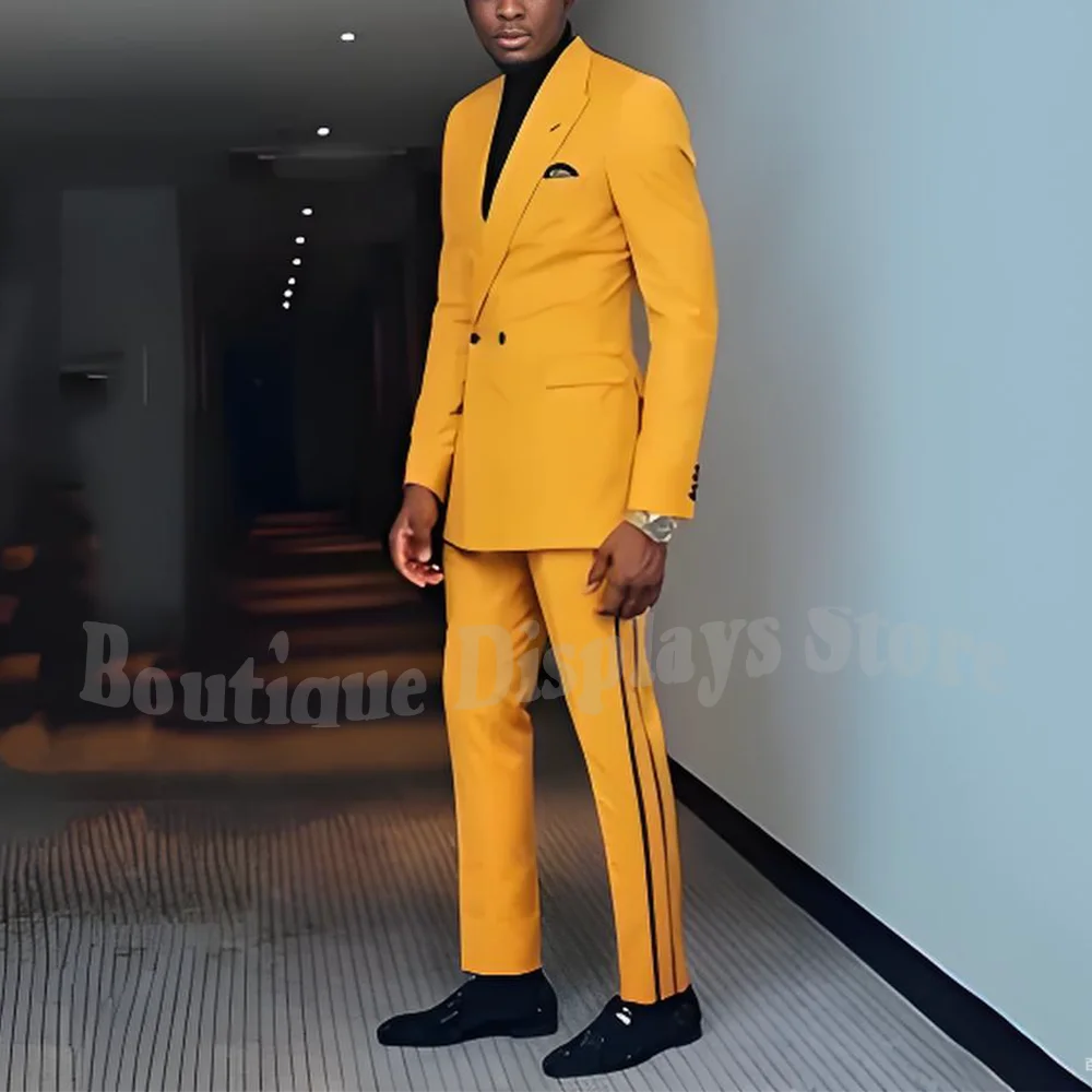 

Chic Gold Men's Suit Peaked Lapel Slim Fit Blazer Pants Double Breasted Solid Color Outfit Business Casual Male Set Two Piece