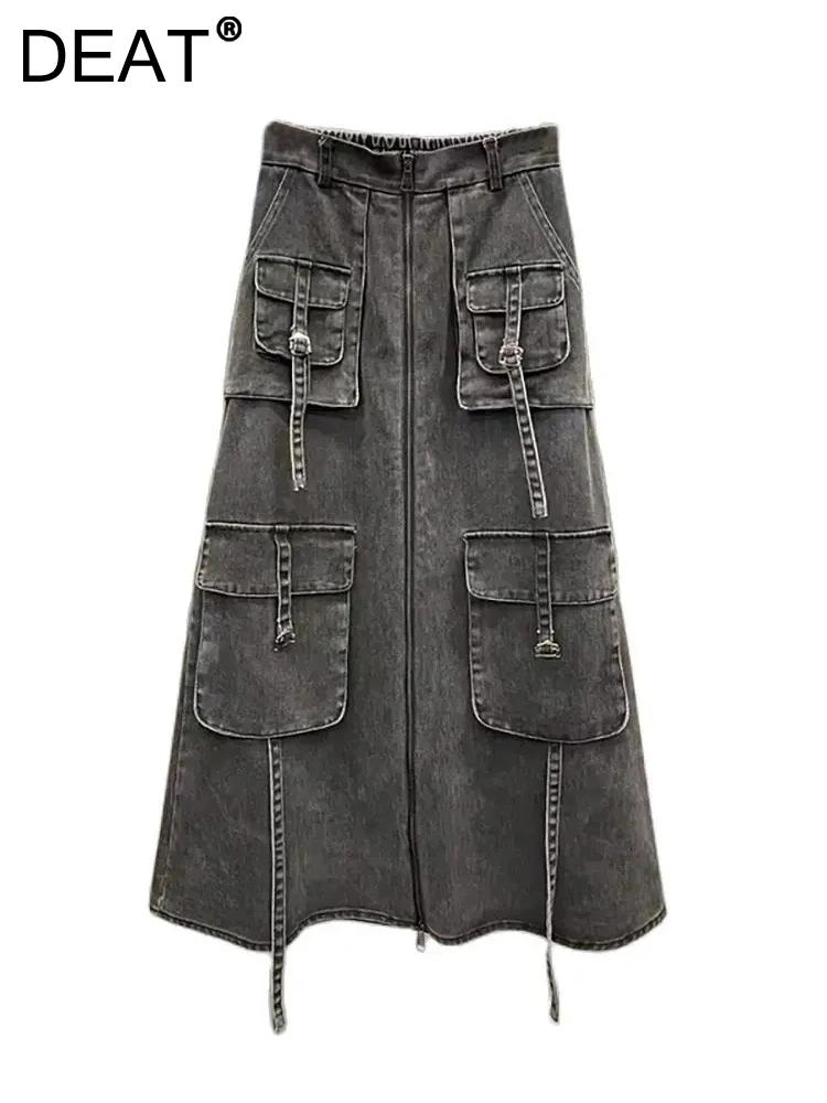 

DEAT Women's Denim Skirt Elastic High Waist Multiple Pockets Cargo Style Long A-line Skirts 2024 New Fashion Autumn CP2A0057