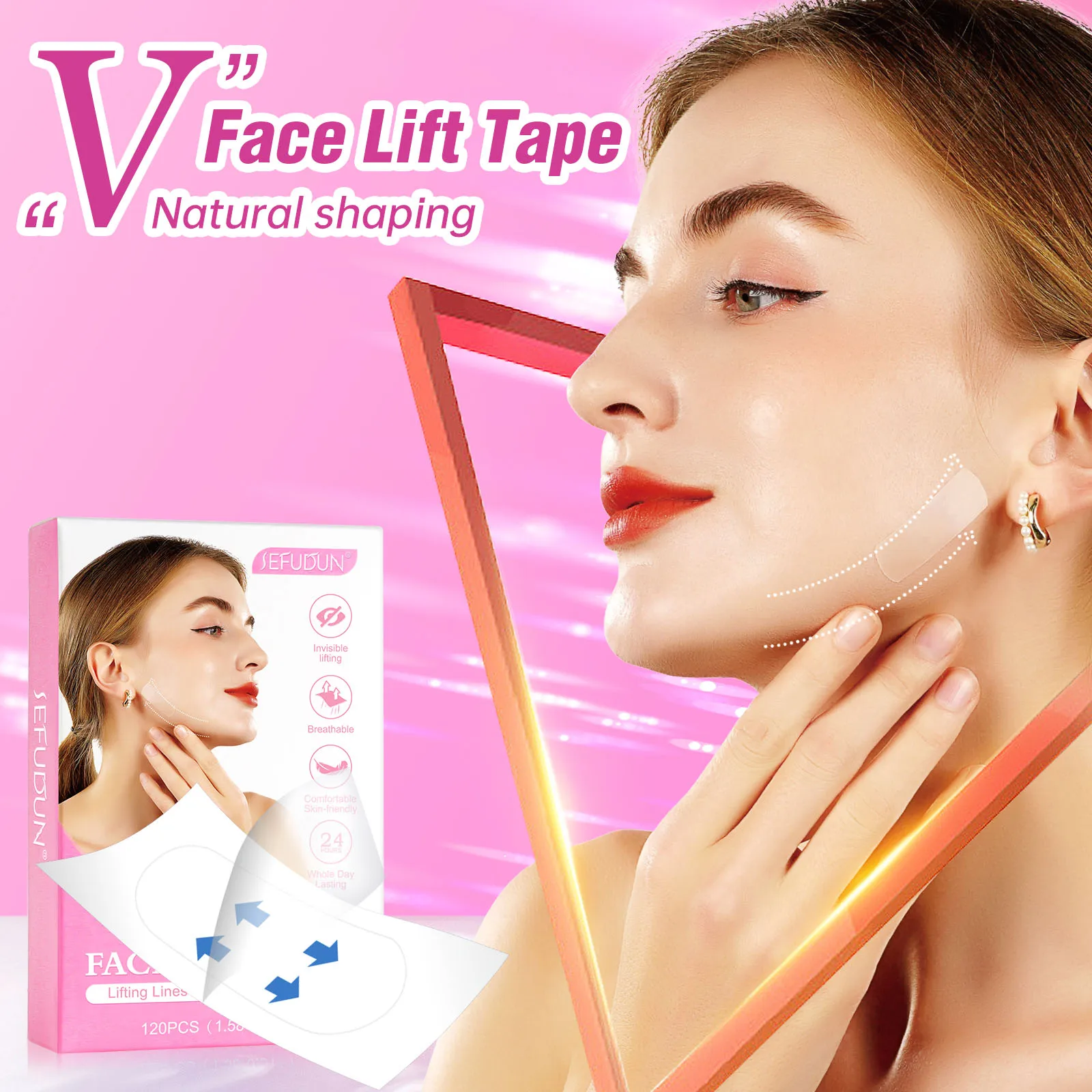 Fita de Lifting Facial Invisível para Rugas, Conjunto de 120 Peças, Levanta Linhas e Modela os Contornos, Respirável, Confortável e Amigável à Pele