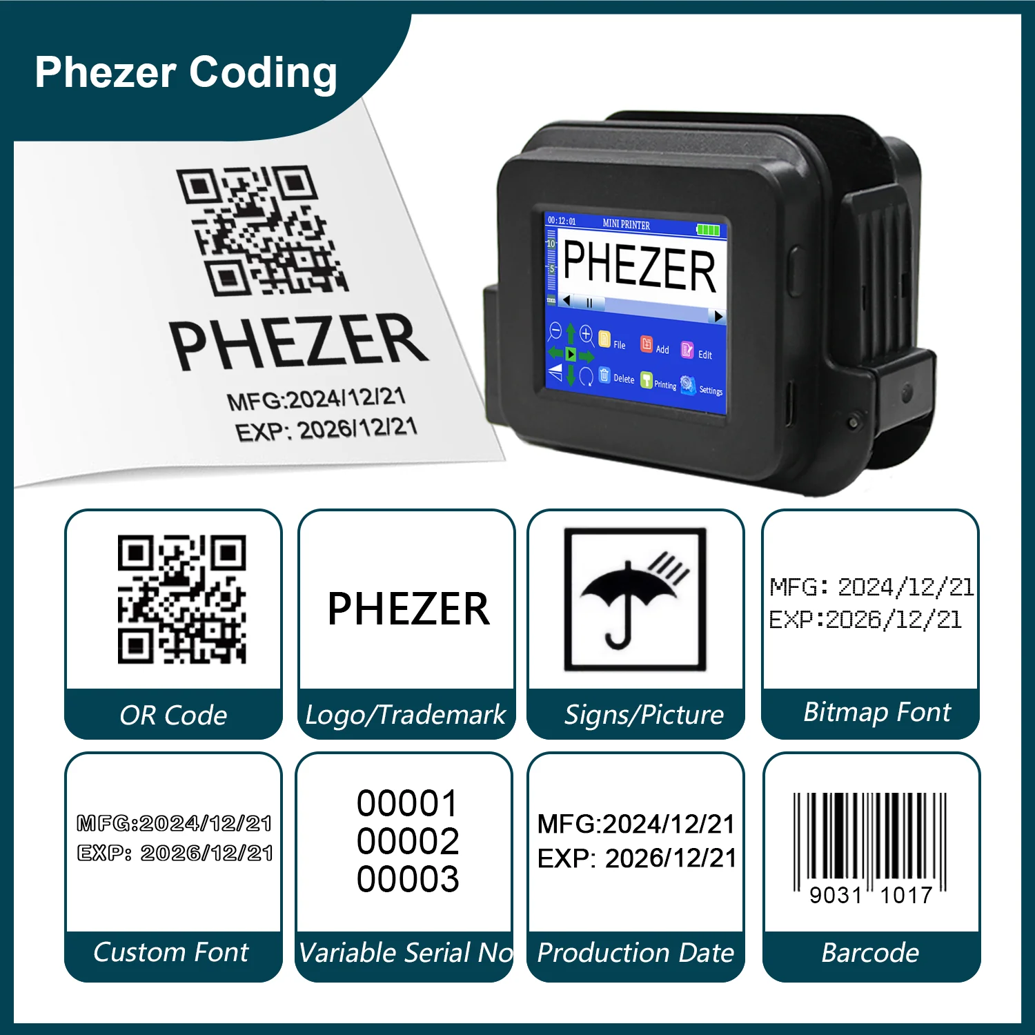 

Мини-принтер Phezer Black PC13Plus, 28 языков, 12,7 мм, портативный принтер, QR-штрих-код, дата, логотип, срочность, портативный струйный принтер