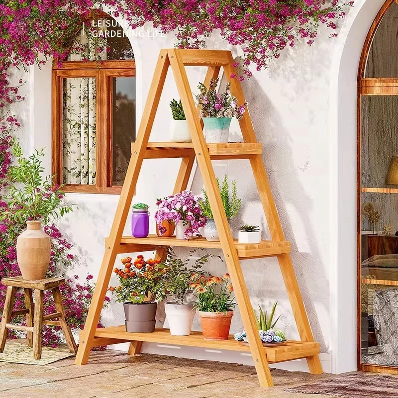 Outdoor preservative wood foldable three-layer flower stand against the wall courtyard garden succulent shelf balcony plant rack