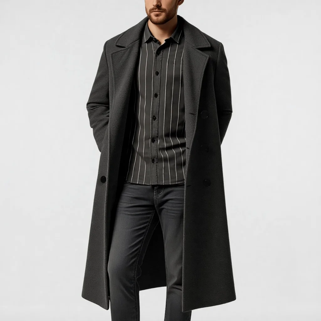 

Мужское двубортное пальто из шерстяной смеси с плюшевой подкладкой, ветрозащитная куртка для осени и зимы – для городской повседневной носки