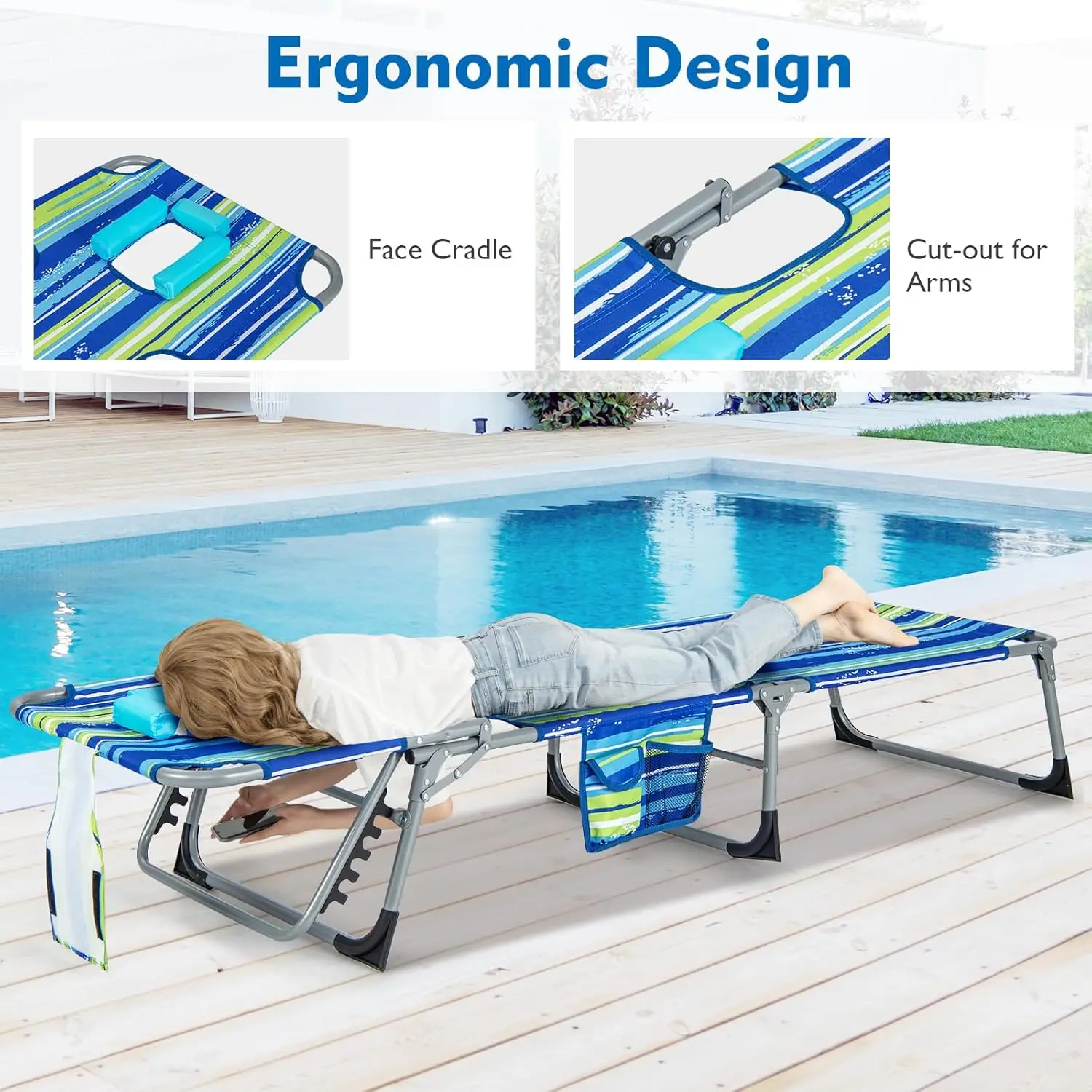 كرسي حمام السباحة قابل للتعديل مع فتحات للوجه والذراع، وسادة قابلة للغسل، جيب، ومقبض حمل للتسمير والاسترخاء #5