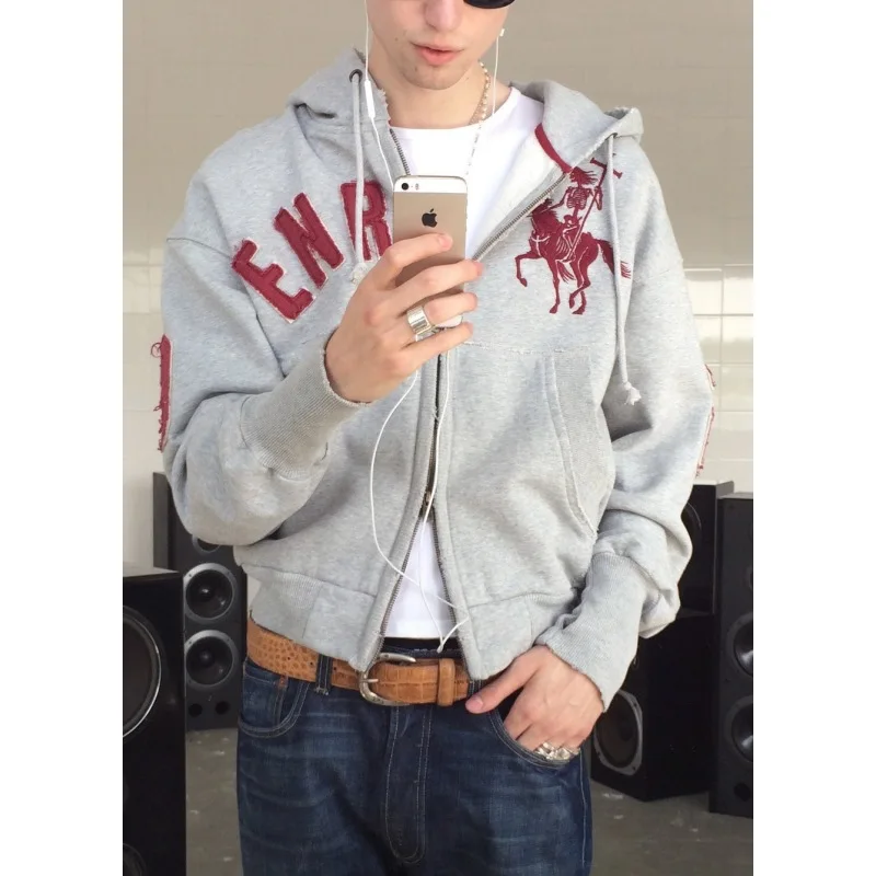 Harajuku design rétro, broderie patchwork, tendance personnalisée, sweat à capuche ample, veste unisexe