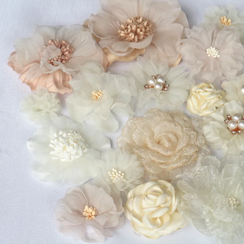 20Pcs Set Beige Series Mix 20 Styles Chiffon Organza Fabric Rose Flowers Wedding Dress Girls Clothing Headwear Decoration DIY