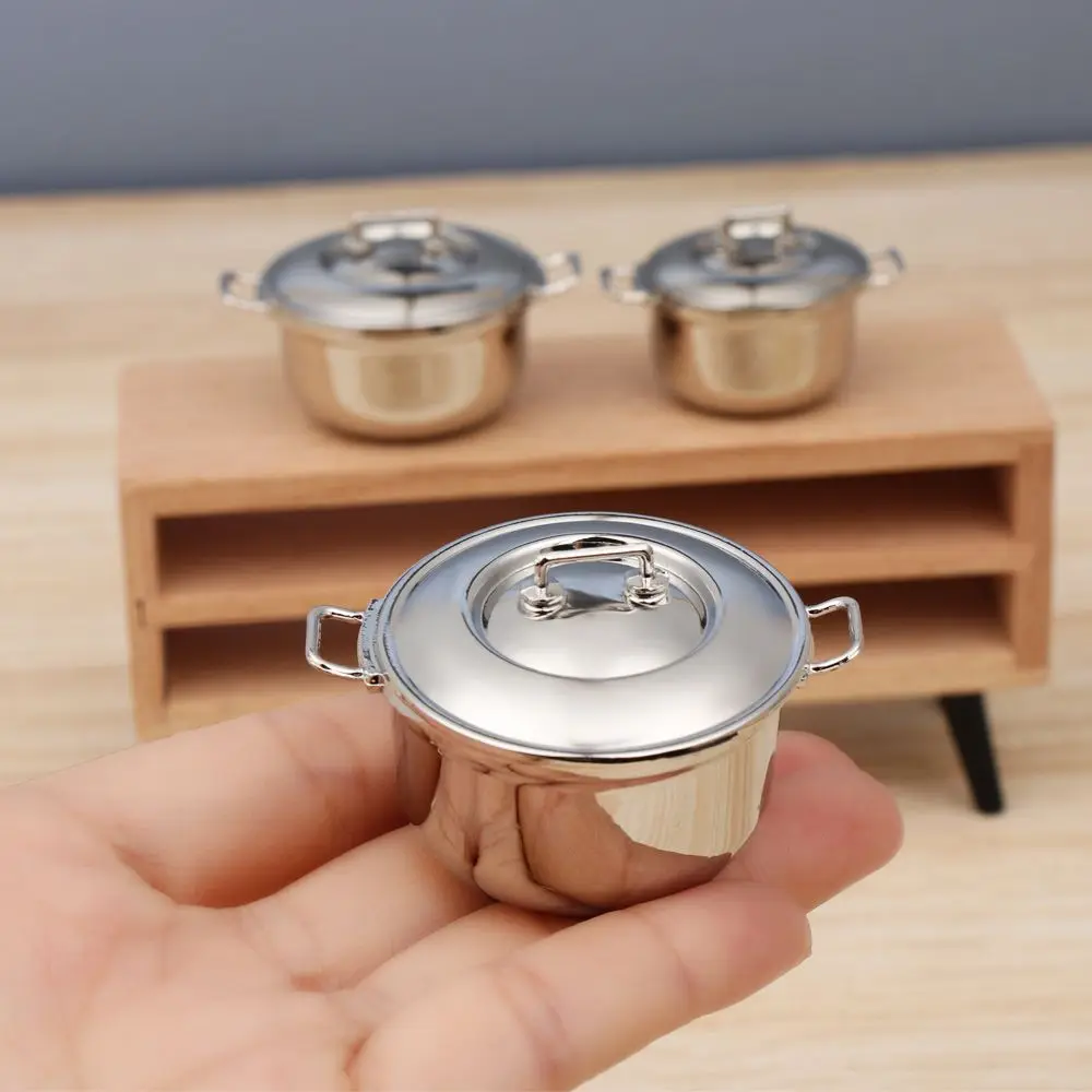 1/12 Miniature Soup Pot With Cover Dollhouse Accessories Playing House Mini Cookware Kitchen Cooking Toys Doll Kitchenware